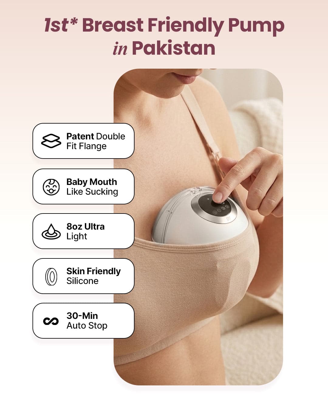 Key features: double-fit flange, baby-like suction, lightweight, skin-friendly silicone, auto stop